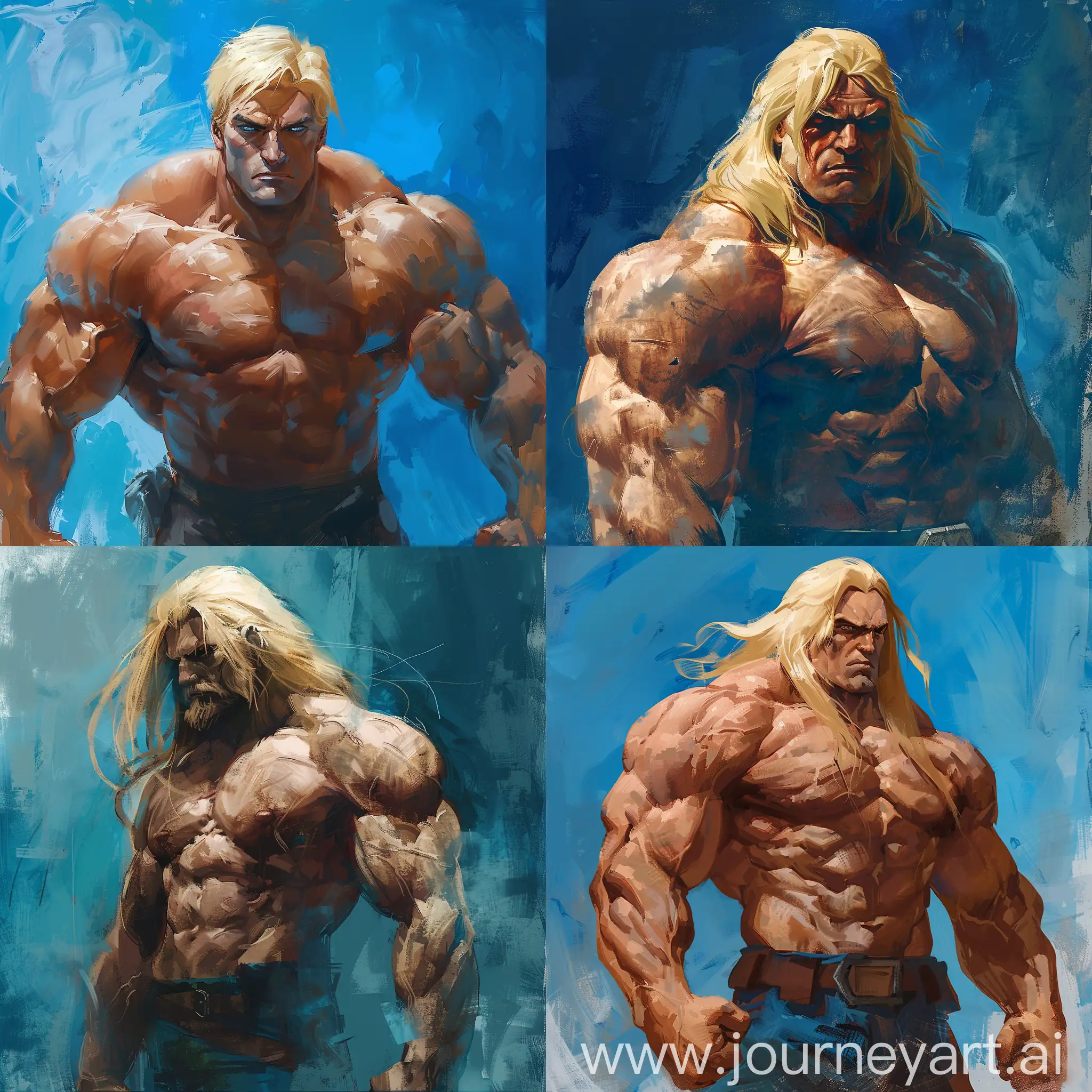 Fritz Scholder art style painting of Reiner braun character from attack on Titans with blonde hair as a 50 years old man muscle and big , alone as a profile picture. 8k , blue colours