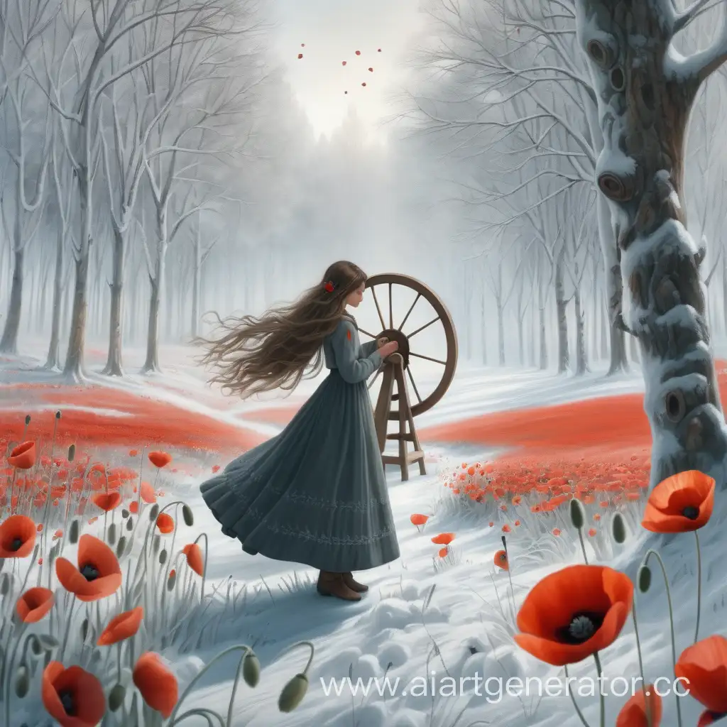 Enchanting-Winter-Forest-Scene-with-Poppies-and-a-Spinning-Wheel