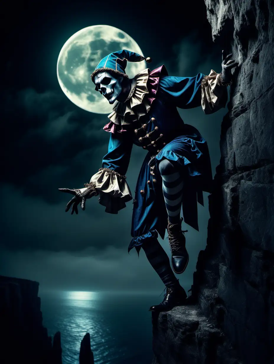  medieval jester with skull face stepping off cliff edge, in moonlight, dark vibes