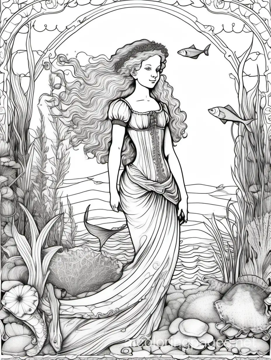 Rembrandt style, full length view, mermaid, pen and ink and watercolor, fantasy, high detail,, Coloring Page, black and white, line art, white background, Simplicity, Ample White Space. The background of the coloring page is plain white to make it easy for young children to color within the lines. The outlines of all the subjects are easy to distinguish, making it simple for kids to color without too much difficulty