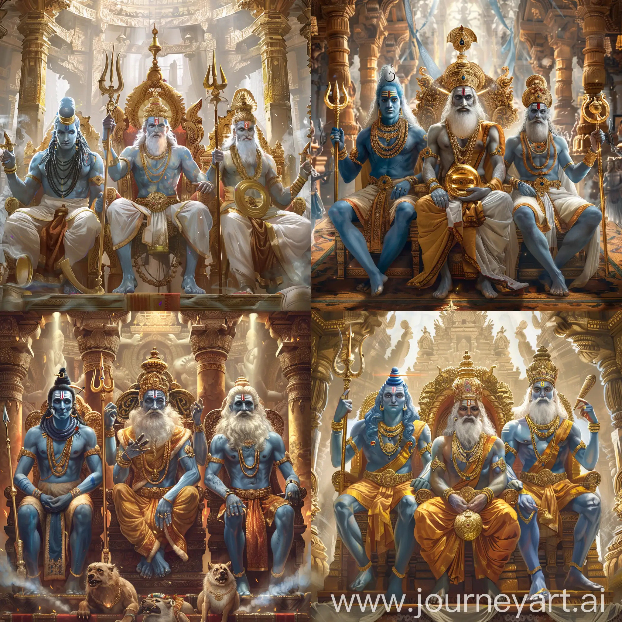 three Hindu gods are sitting on their thrones,

Shiva is the left one is with blue skin and holds a golden trident in hands,

Brahma is the center one with three faces, white beards, pale skin and golden royal crown,

Vishnu is the right one with blue skin and holds a golden round mace in hands,

they are all inside a splendid Hindu temple,