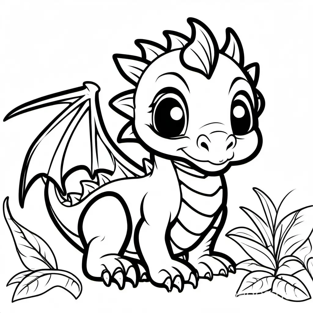 cute baby dragon, Coloring Page, black and white, line art, white background, Simplicity, Ample White Space. The background of the coloring page is plain white to make it easy for young children to color within the lines. The outlines of all the subjects are easy to distinguish, making it simple for kids to color without too much difficulty