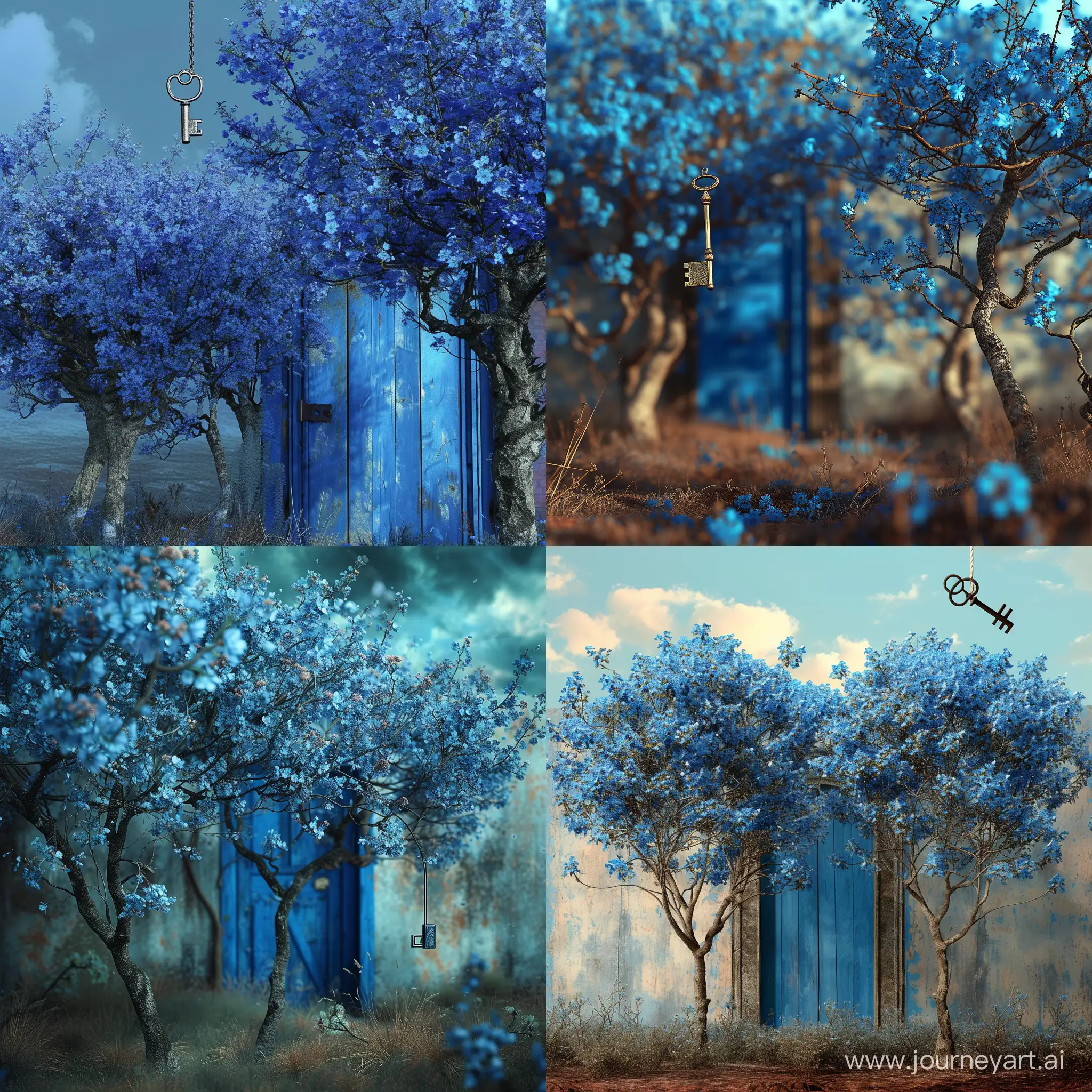 Цветущие деревья они цветут синими цветами. За ними стоит старинная синяя дверь, она приоткрыта в сказочный мир. В этот мир можно попасть с помощью магического ключа, он висит в воздухе