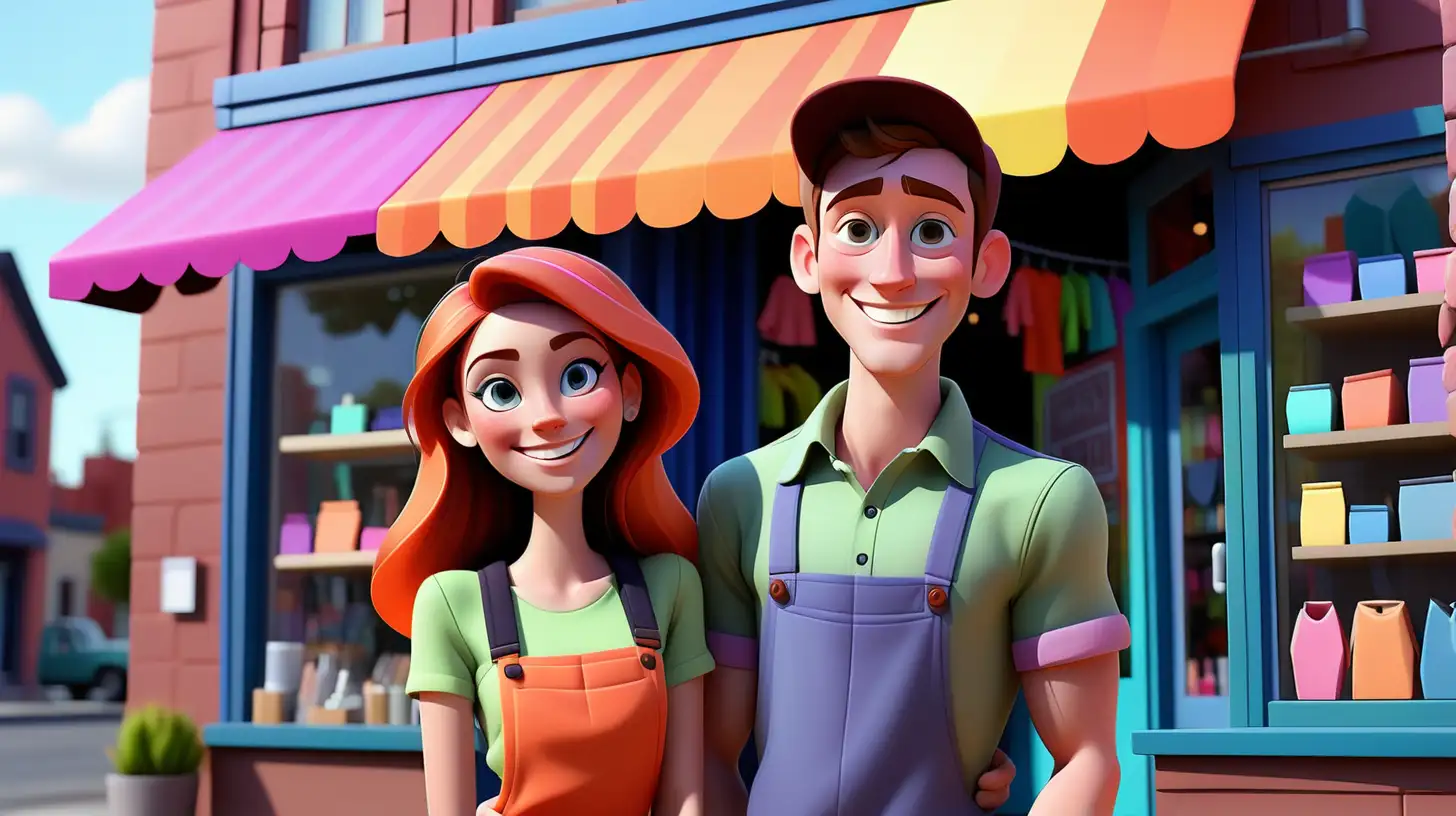 Young couple smiling, standing in front of their small town small business storefront with colorful clothes colorful pixar style with no watermark.