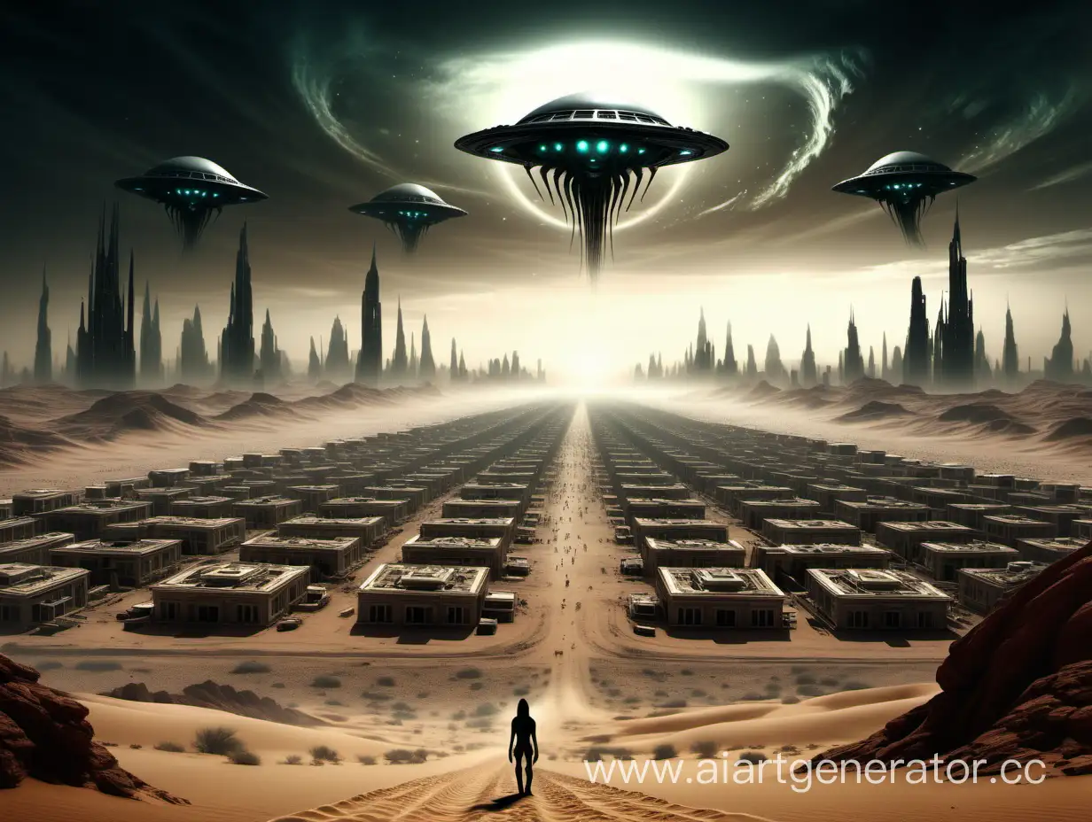 aliens land in the desert, a human settlement is visible in the distance, dark fantasy style, precise focus, high detail