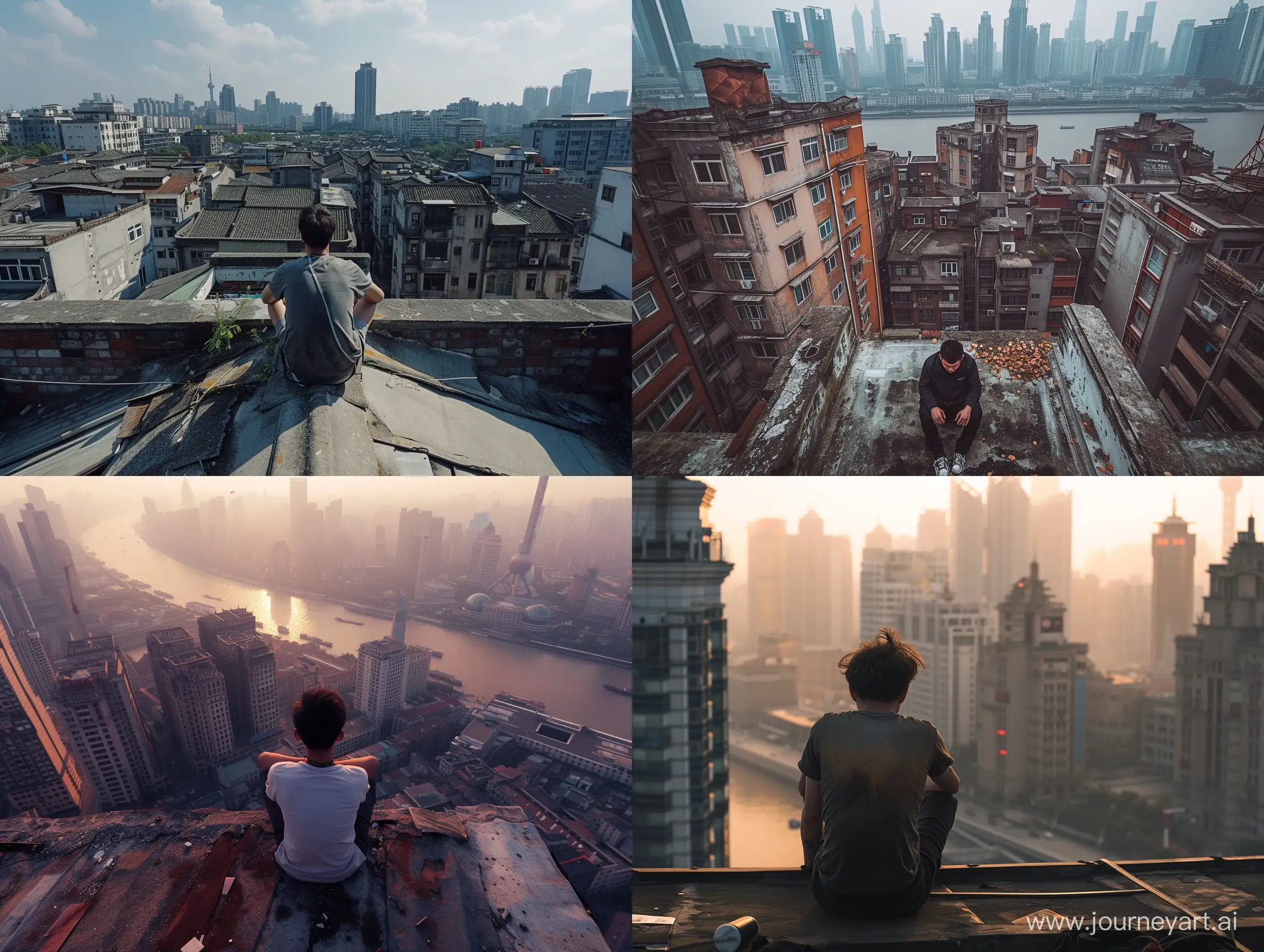 a photo showcasing a 1st person view perspective of man sitting on a rooftop, natural lighting, day time, environment, shanghai, wide view, style raw,


