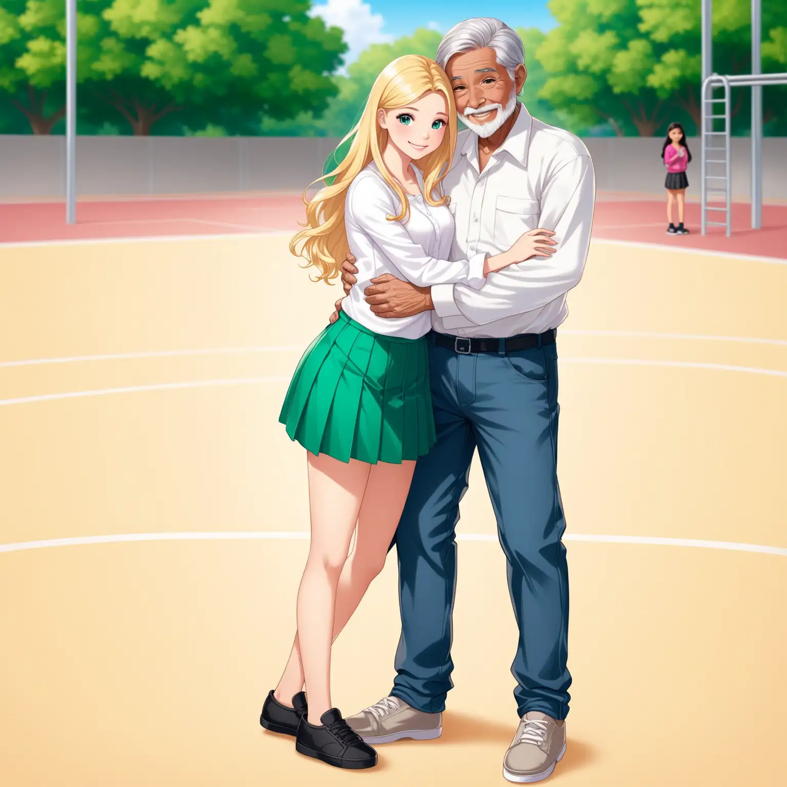 Teenage Girl in Silk Skirt Cuddling with GrayHaired Man in Playground