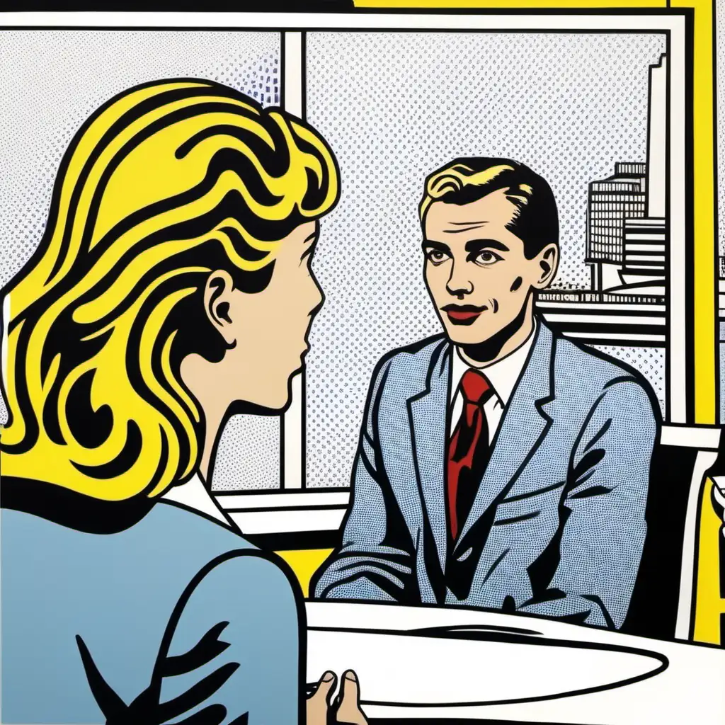 I would like a stunning painting of a male millennial management being interviewed for a job, in the style of Roy Lichtenstein, with only the back of the interviewer visible