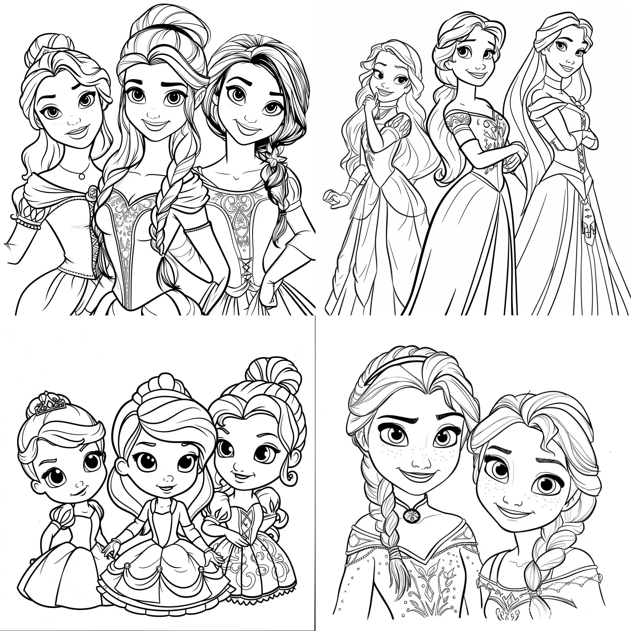black and white outline art for kids disney and pixar princess for book page Coloring pages for kids, full white, kids style, white background, full body, Sketch style, (((((white background))))), use just outline, cartoon style, line art, coloring