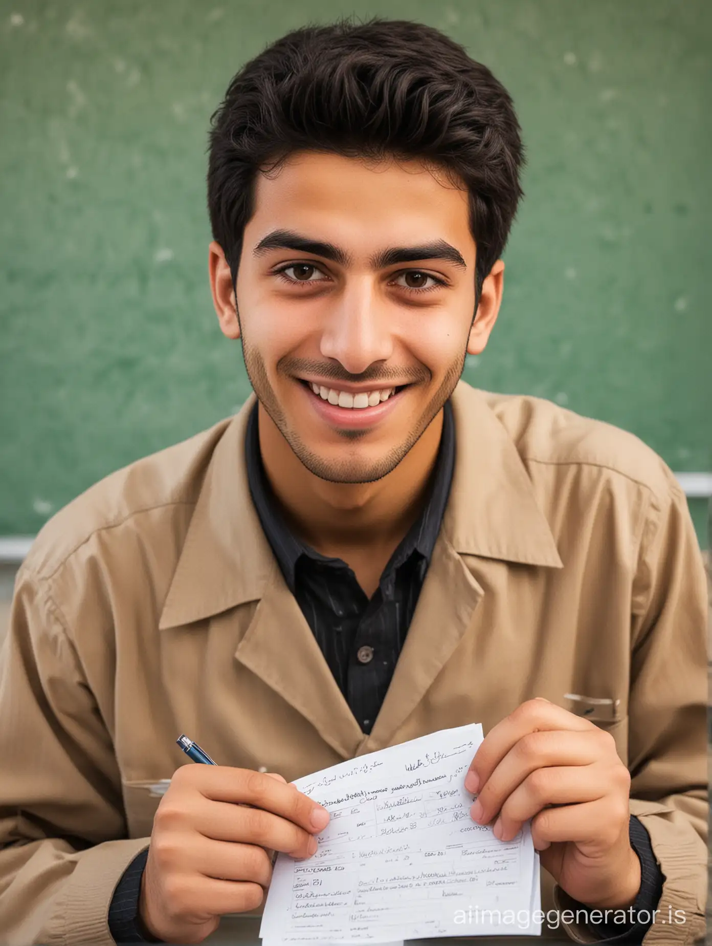 An Iranian student young man who looks at his report card with mischief and happiness