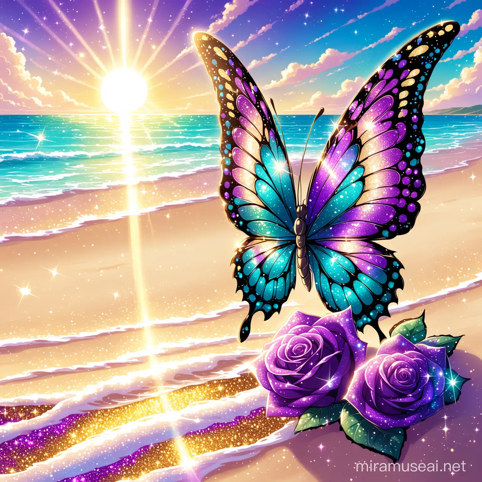 detailed intricate wings butterfly, two tone colored purple and teal roses, sunny beach with sun rays, glitter heart, glitter, sparkle, shine, shimmer, glowing