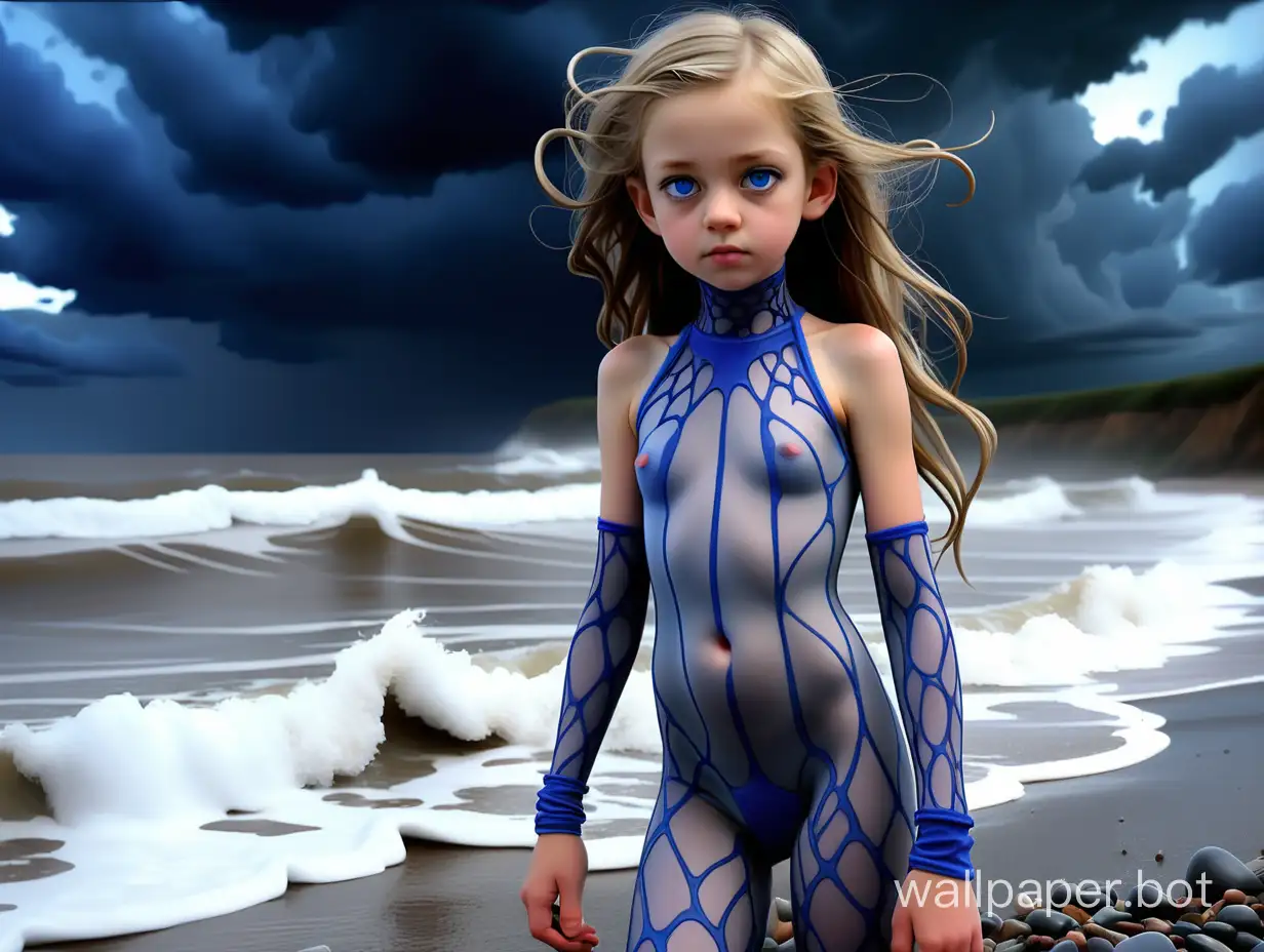 An 11-year-old girl in a blue bodystocking stands on the shore of the raging sea under the sky under the stormy sky