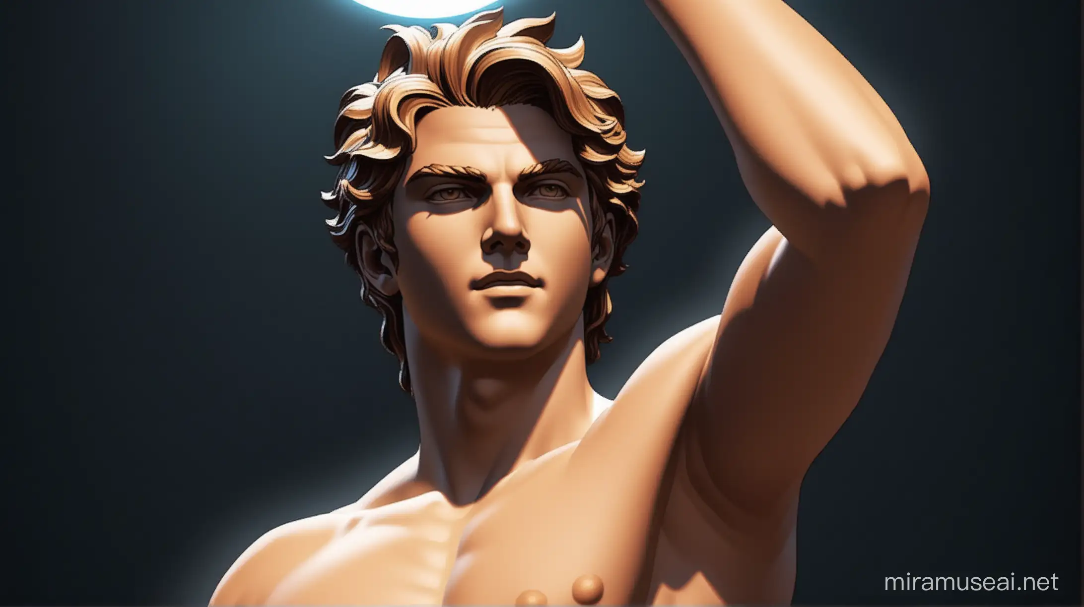  Generate greek god apollo in with dark background picturised as in modern VR game 