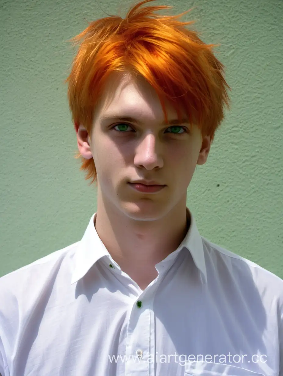 orange hair, guy, student, USSR, green eyes, white shirt