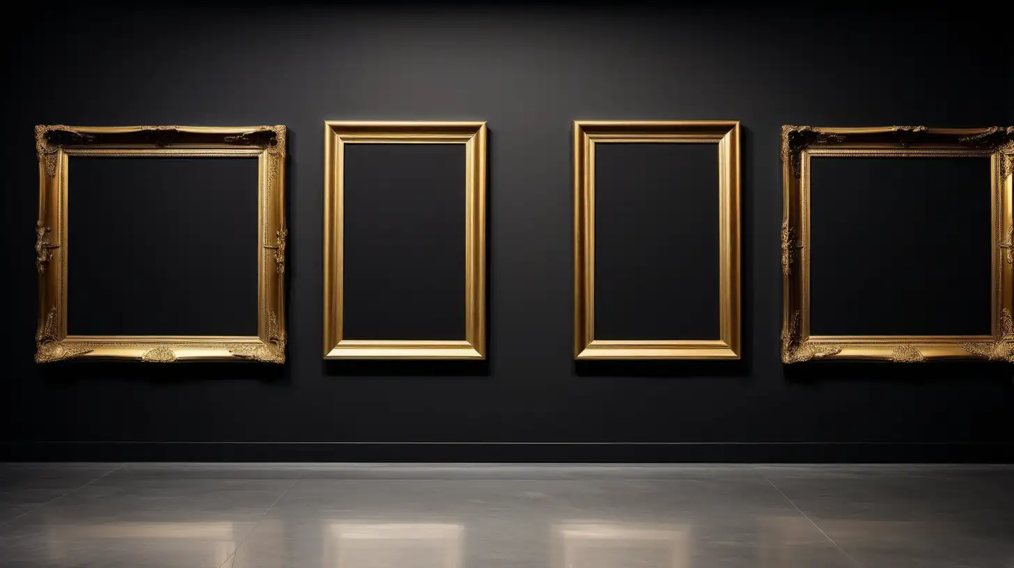 BLACK BLANK ART MUSEUM WALL
WITH THREE HORIZONTAL GOLD FRAMES
