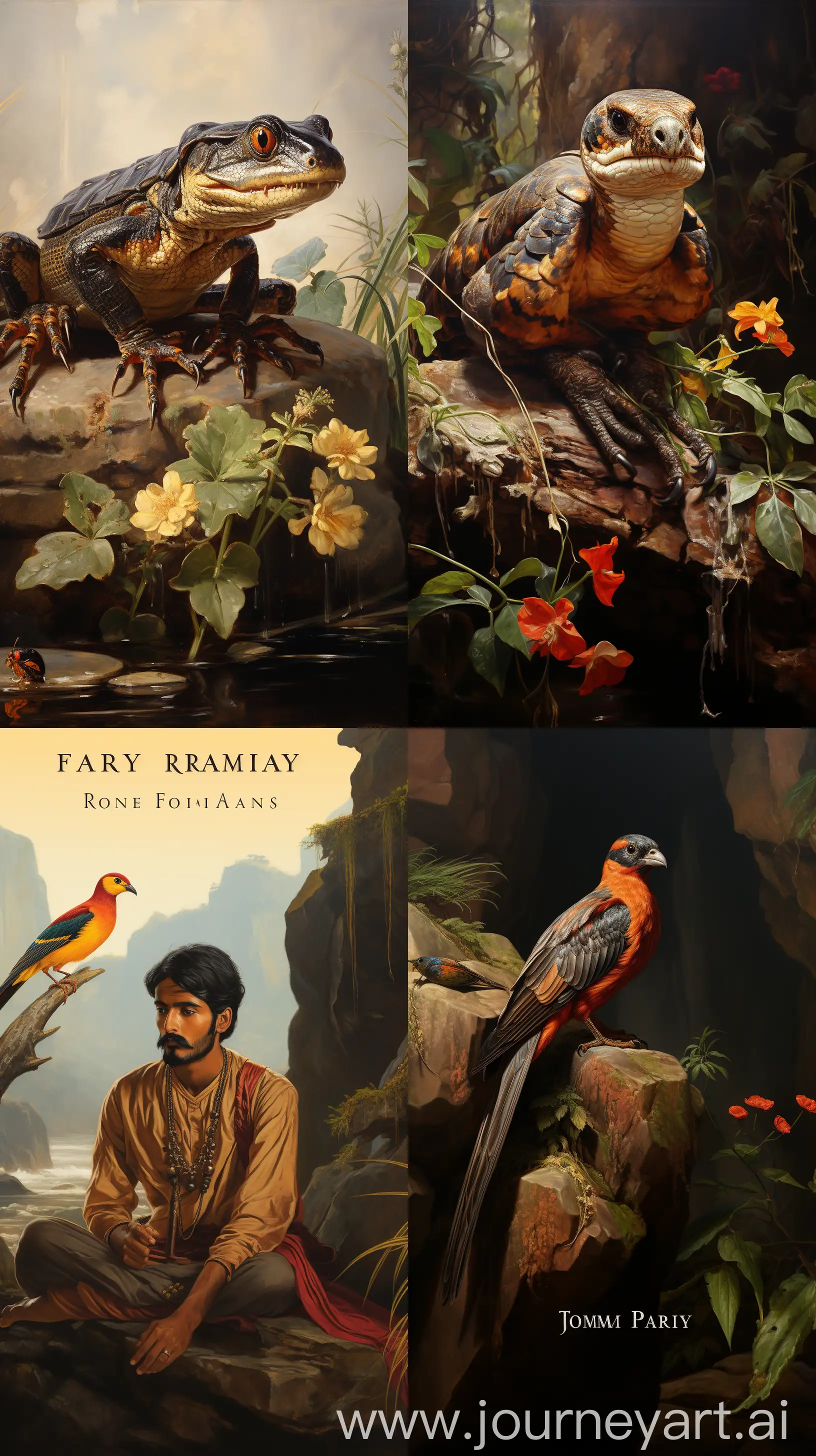 Sparrow-by-Stream-Threatened-by-Python-Raj-Ravi-Varma-Style-Art