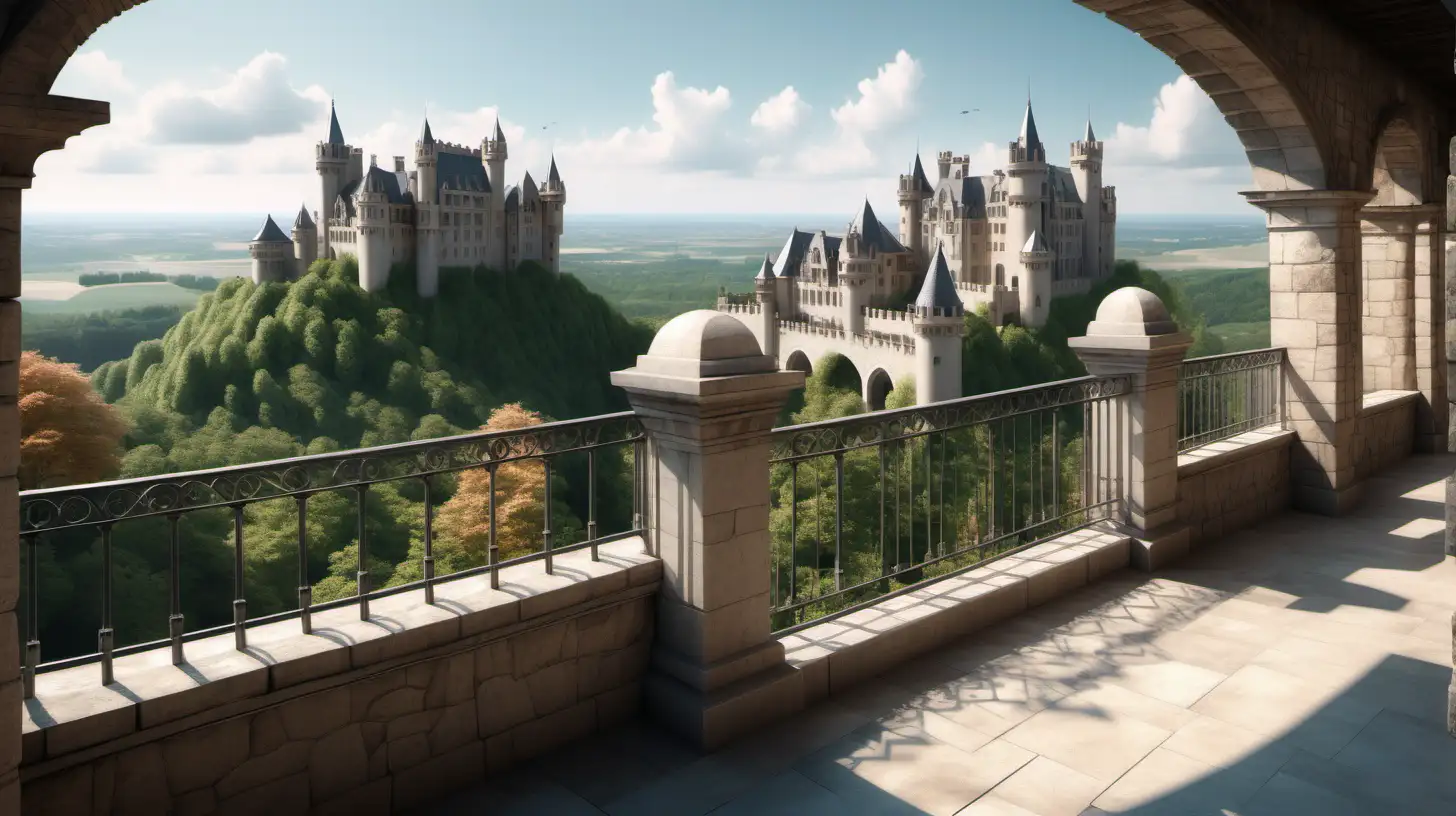 Generate an AI scene with a captivating view from the terrace of a castle. Envision panoramic landscapes, perhaps rolling hills, a distant forest, or even glimpses of the castle's courtyard below. Capture the sense of both grandeur and serenity in this elevated perspective.