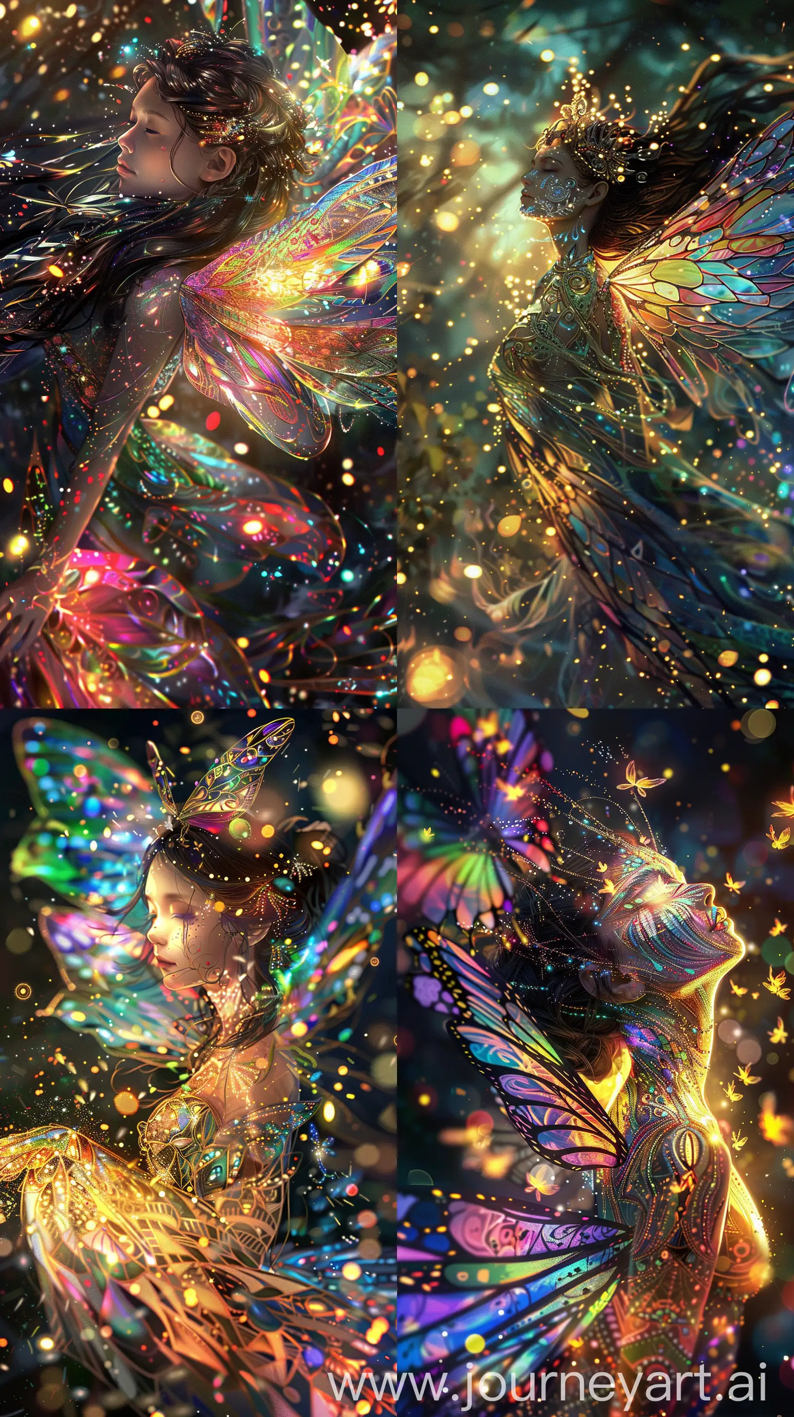 A luminous, ethereal nymph dances among sparkling fireflies, her skin shimmering with a rainbow of colors. She possesses an otherworldly beauty, with delicate wings adorned in intricate patterns. This enchanting scene is depicted in a digitally painted illustration, each brushstroke capturing the magical essence of the scene. The vivid colors and exquisite details make this image a truly mesmerizing piece of art. 8k --ar 9:16
