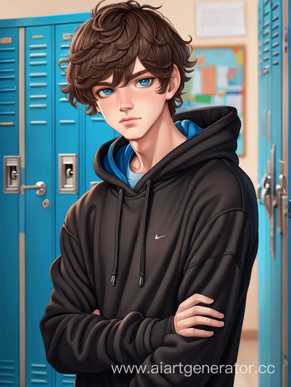 Один парень, портрет, арт, подросток, короткие волнистые волосы, коричневые волосы, голубые глаза, смущен, краснеет, одет в черную толстовку, на фоне школьные шкафчики