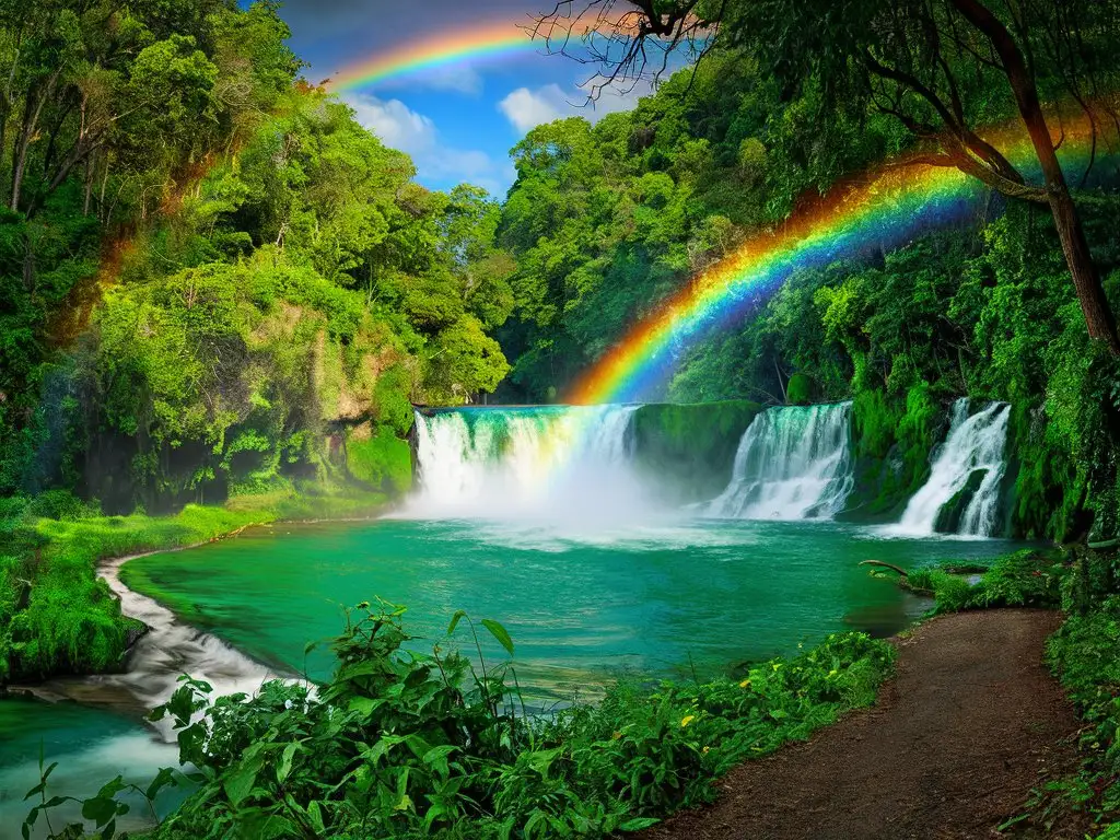 stunning nature scene with a waterfall and rainbow tapestry