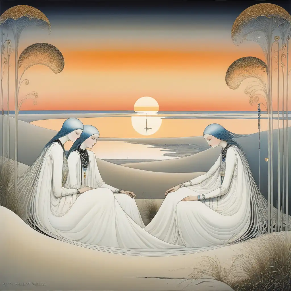 futuristic painting in kay nielsen style of three women resting on a river dune watching sunset