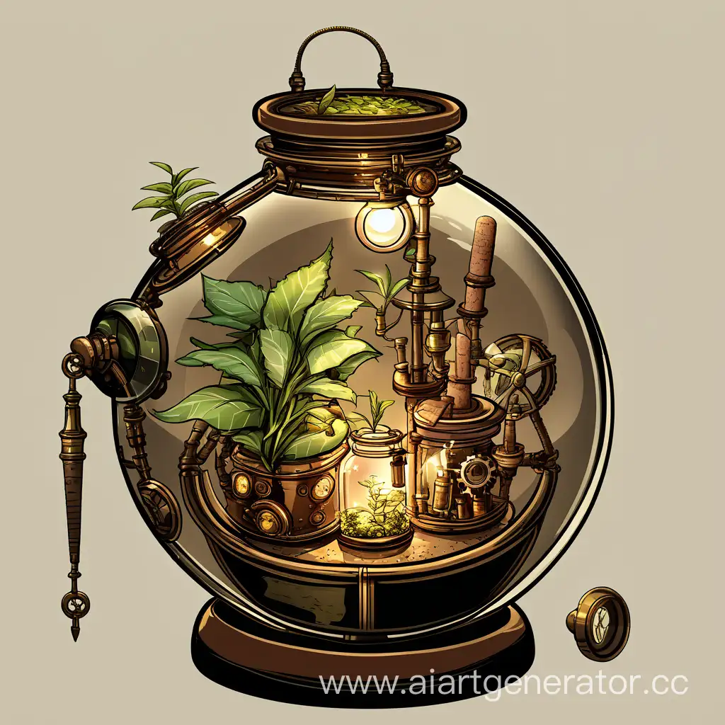 A plant in a spherical jar with a light in a cork of it in a steampunk stile. No background 