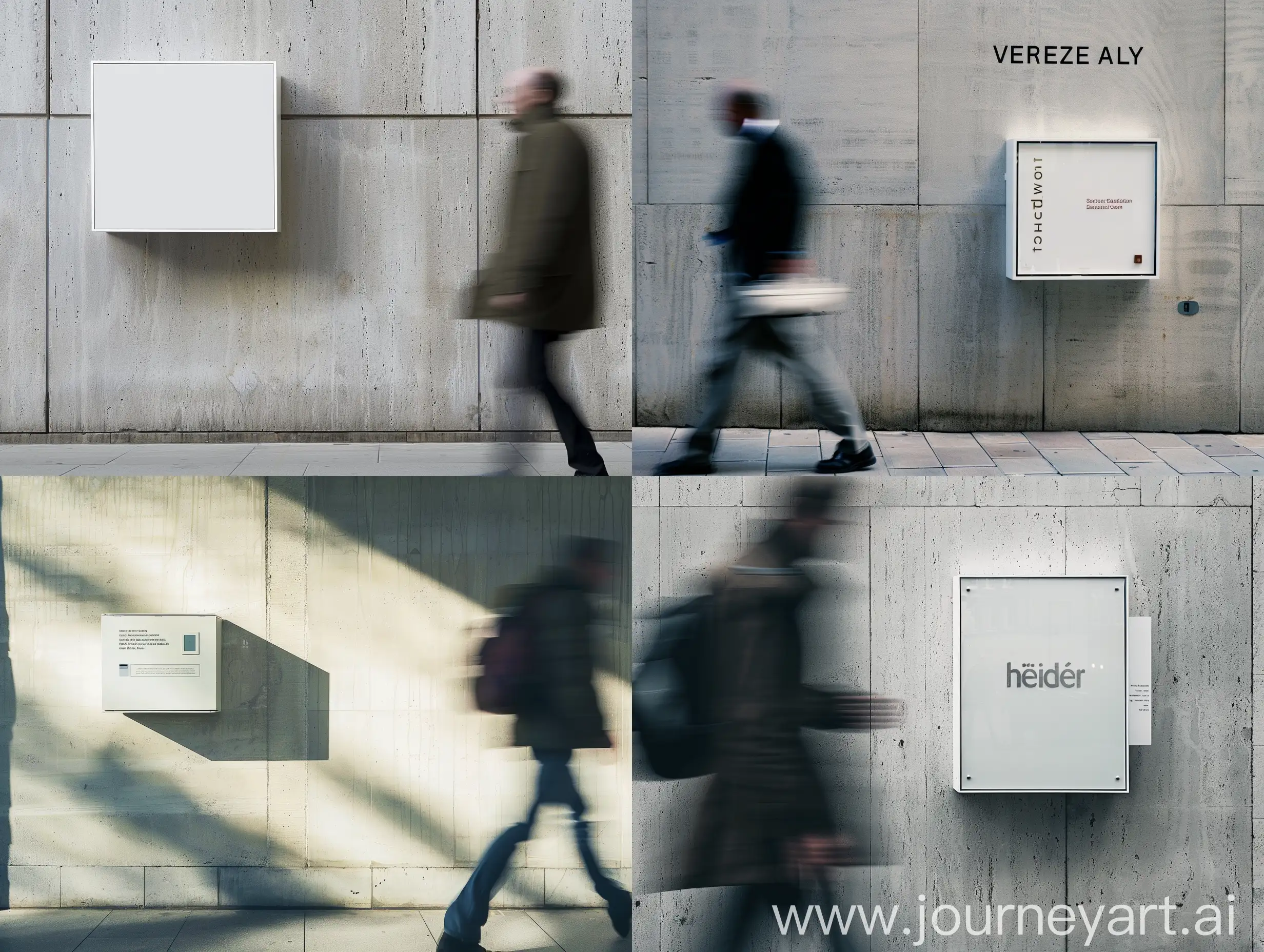 small white exhibition signage board attached to a wall, a man walking by, long exposure, highly detailed, high quality