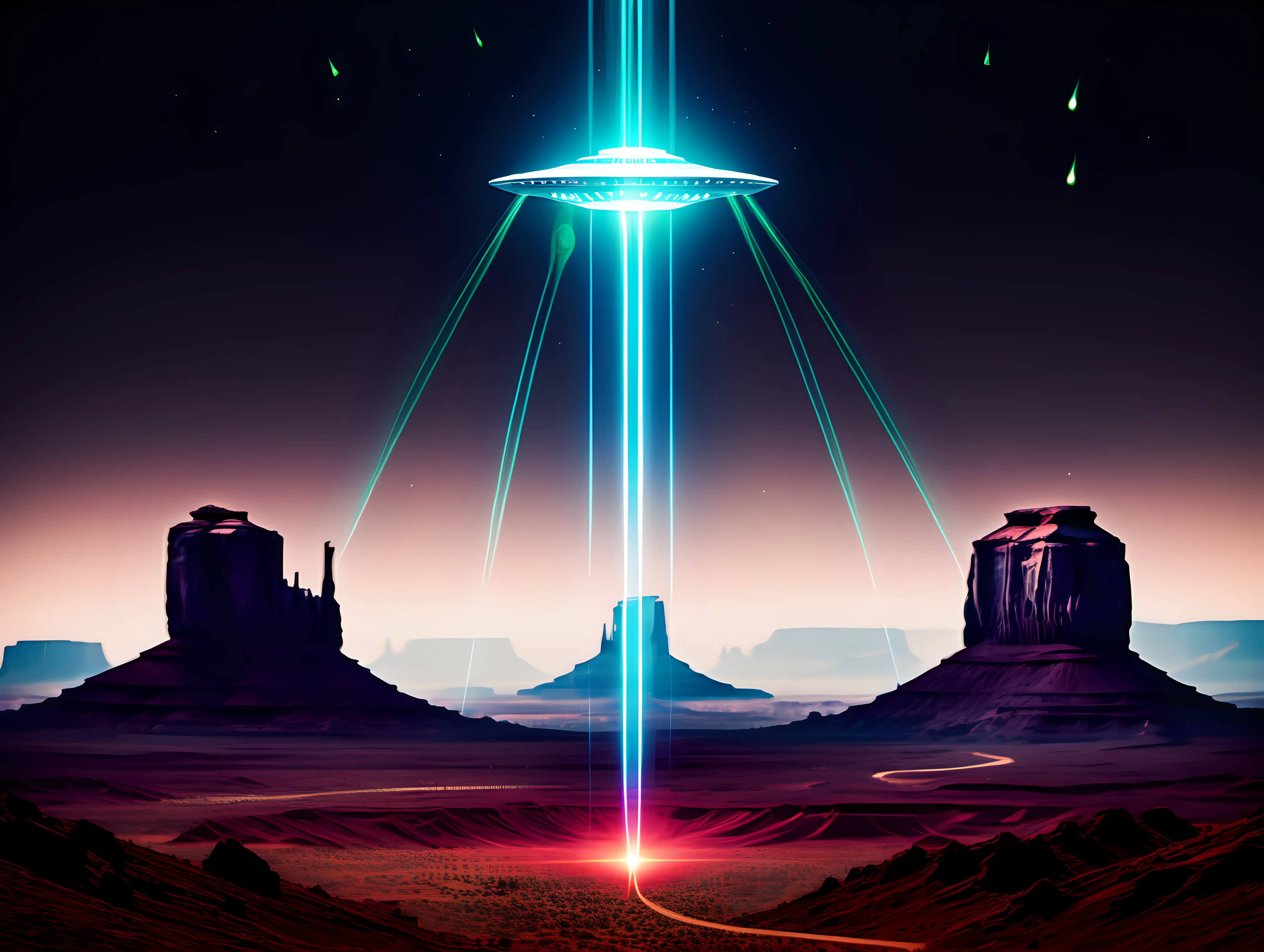 Multiple Alien spaceships shooting lasers at Monument Valley