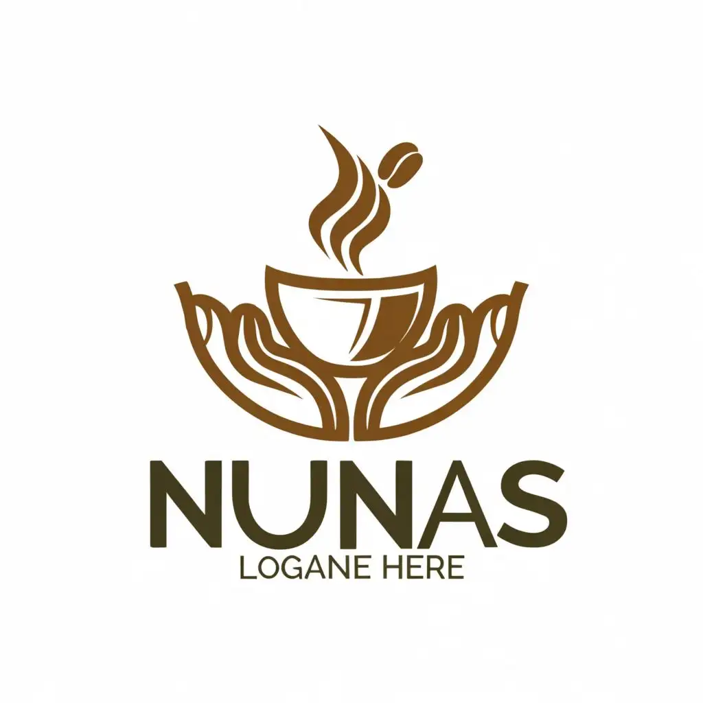a logo design,with the text "NUNAS", main symbol:CUP DRINK, HOPE HANDs, HALF HEART, COFFEE,Moderate,be used in Finance industry,clear background