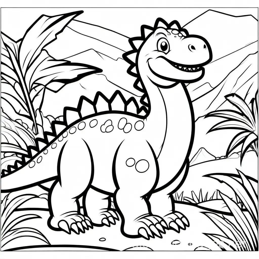 dinosaur, Coloring Page, black and white, line art, white background, Simplicity, Ample White Space. The background of the coloring page is plain white to make it easy for young children to color within the lines. The outlines of all the subjects are easy to distinguish, making it simple for kids to color without too much difficulty