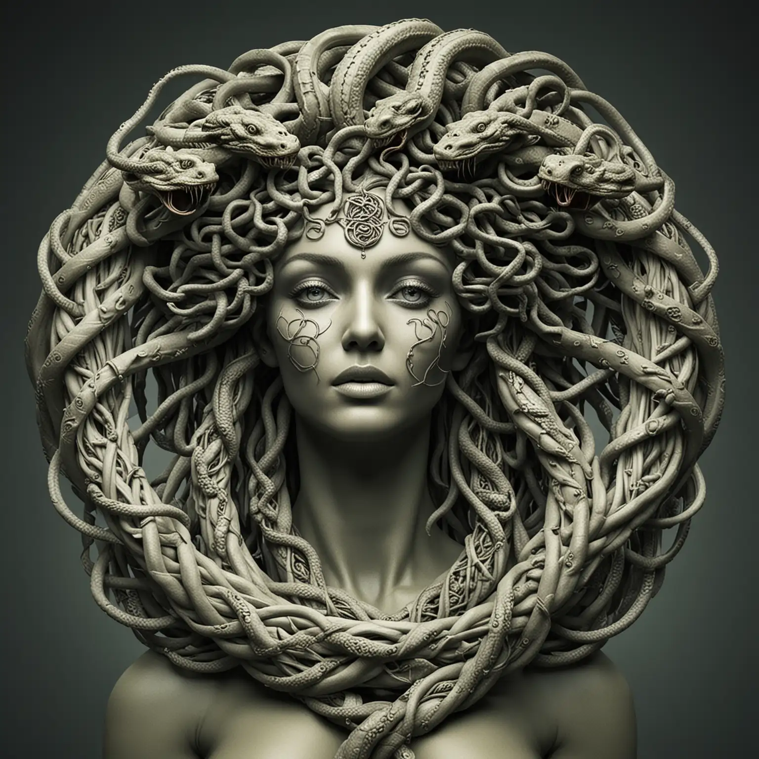 Medusa with snakes turning into DNA double helix