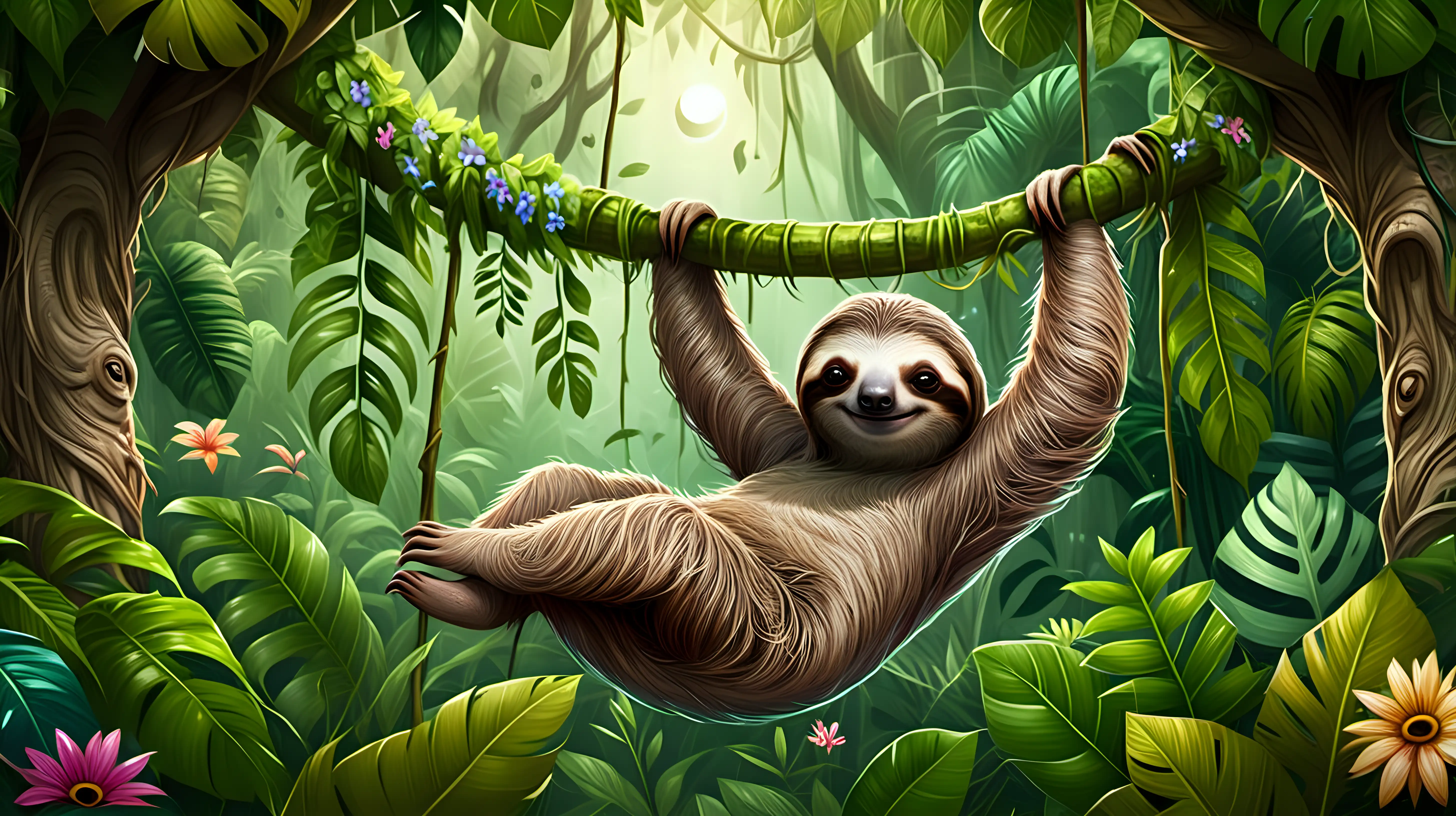 Mystical Jungle Scene Smiley Sloth Hanging from Tree amidst Lush Foliage and Flowers