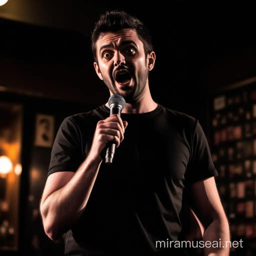 male stand up comic with a stubble wearing all black and performing in a pub