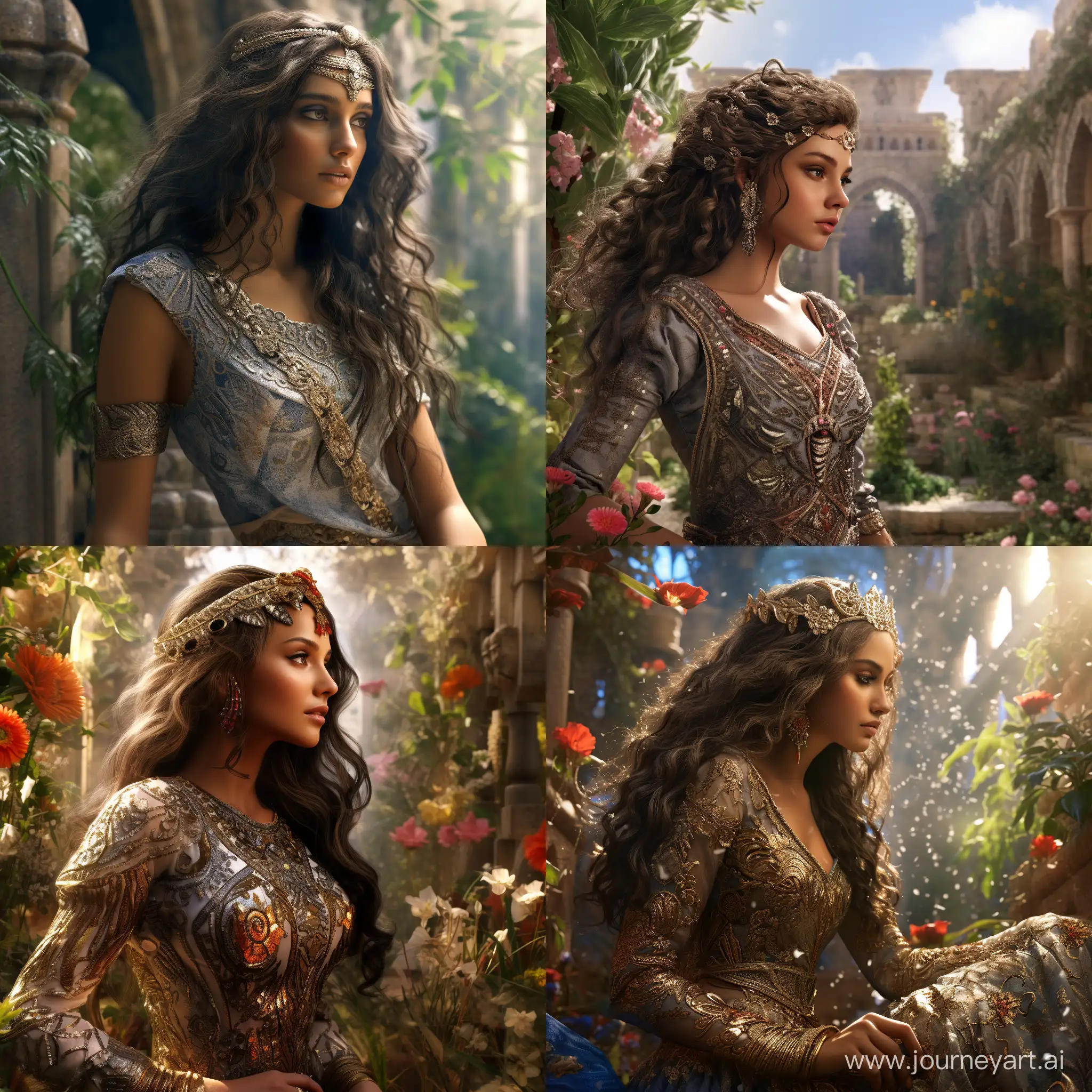 Middle Eastern princess looking for her prince in a garden 3D, photorealistic, 8k, natural lighting, HDR, high resolution, shot on IMAX Laser, textures, in the style of samyang af 14mm f/2.8, intricate details