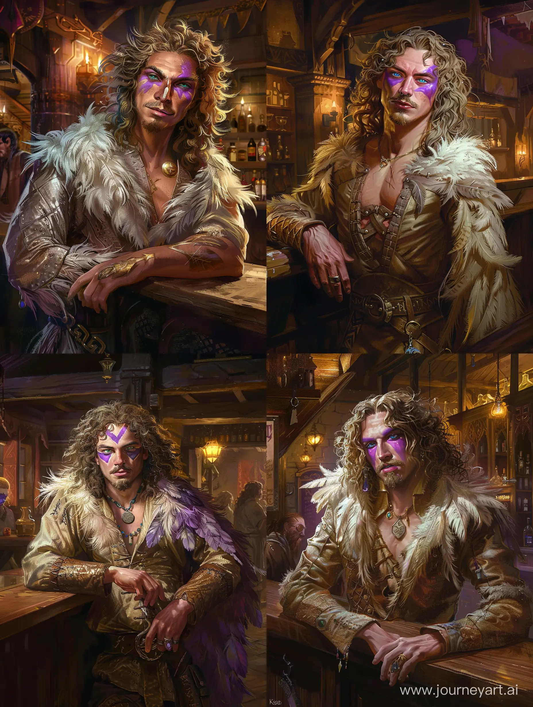 dungeons and dragons character portrait of a human male sorcerer standing in full height full body seen leaning, leaning on the counter, mid fit physique, straight button nose with a bit of wide nasal bridge and upturned little bit wide point, blue-green oval eyes, angled thin lowset eyebrows, short mouth, long loose curly light-brown hair going over shoulders, bristly mustache , slavic look, sarcastic expression, purple KISS inspired facepaint , wearing feathered tevinter like mage robes, medieval tavern at night background, pathfinder character portrait art style