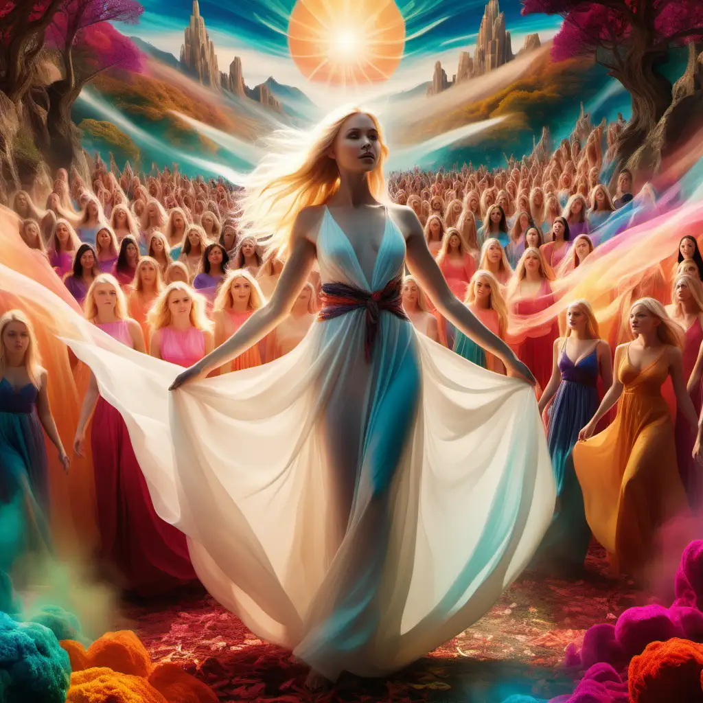 Craft an image, with a background fantastical landscape bursting with vibrant hues. Within this captivating scene, a luminous blonde woman exudes an ethereal radiance, standing amidst a diverse assembly of individuals. Before her stretches an unobstructed path, beckoning with clarity and promise.