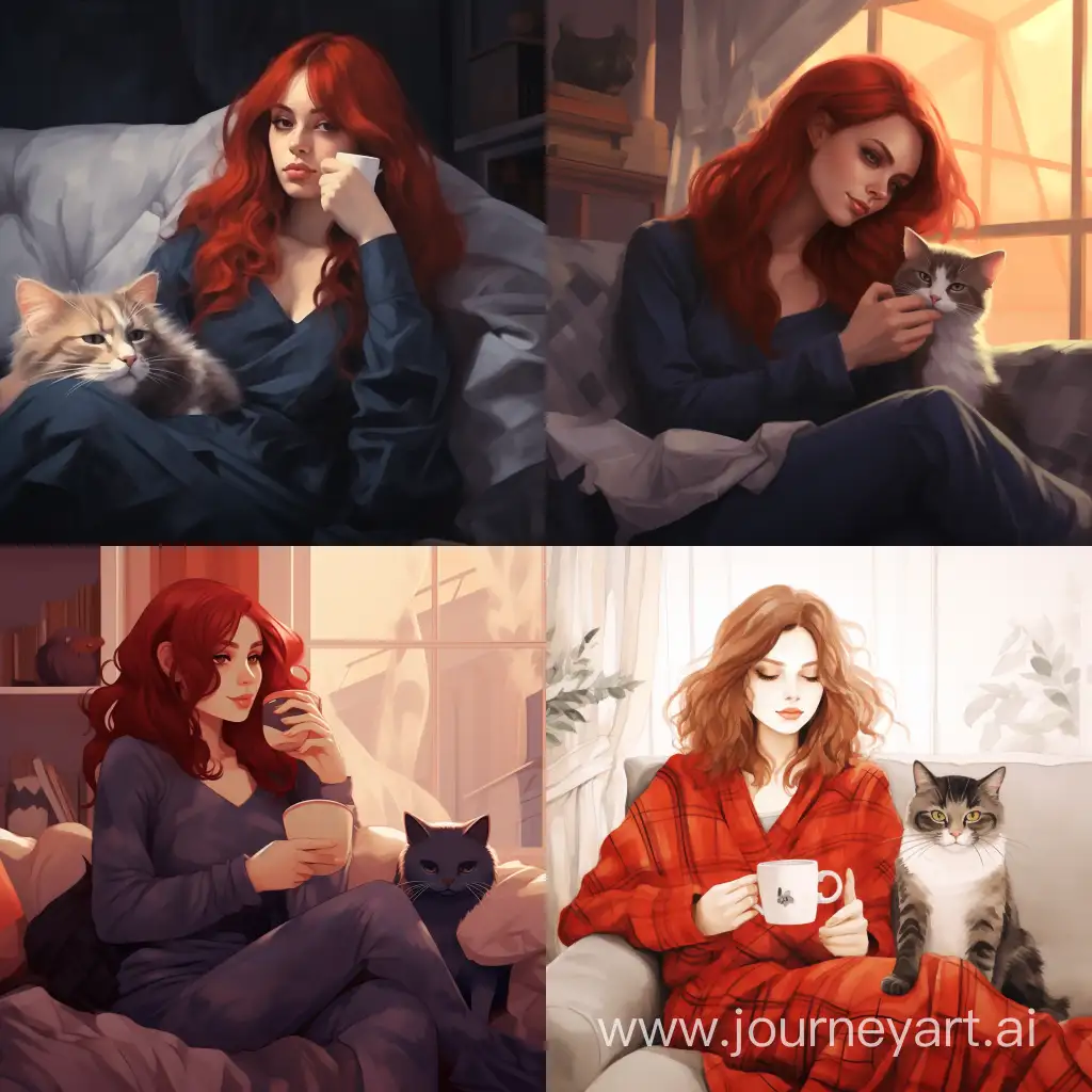 девушка с рыжими волосами пьет кофе на диване рядом с кошкой