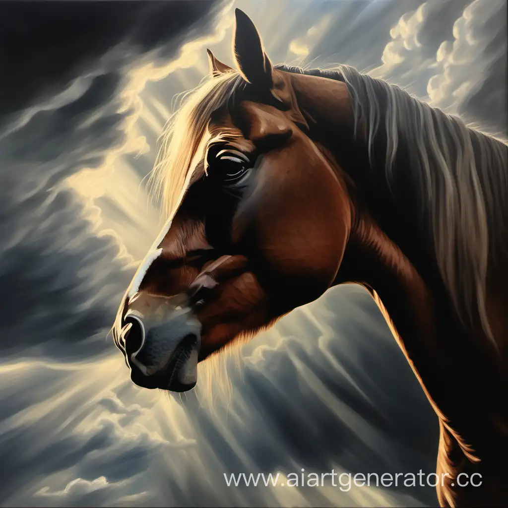 portrait of a horse, the horse sadly looks down with his head bent, clouds in the sky, a glimpse of the sun in the clouds, face down, oil drawing, cinematic lighting