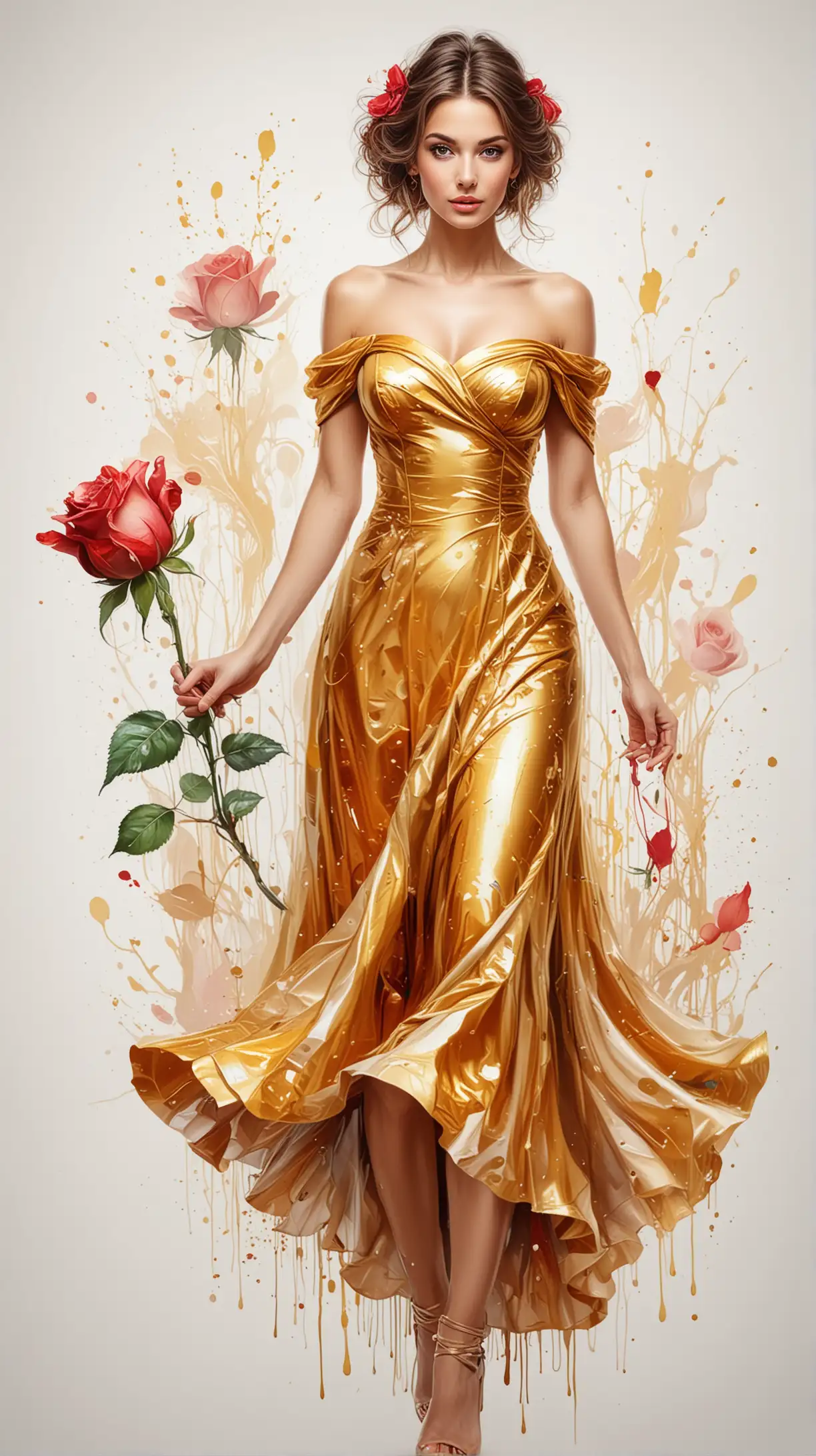 Сгенерируй на белом фоне разноцветные абстрактные картины на тему девушка-роза в золотом платье 