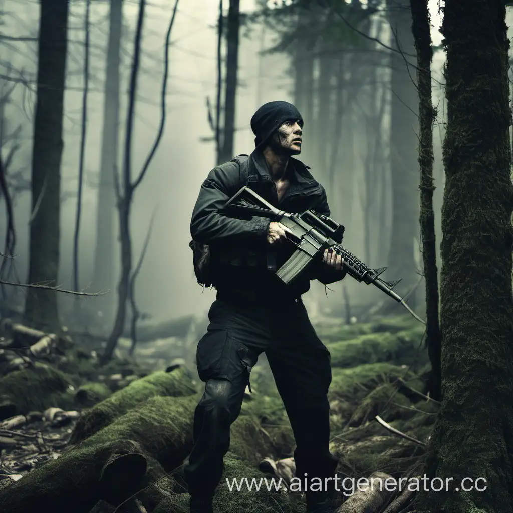 A survivor with a gun in the forest
