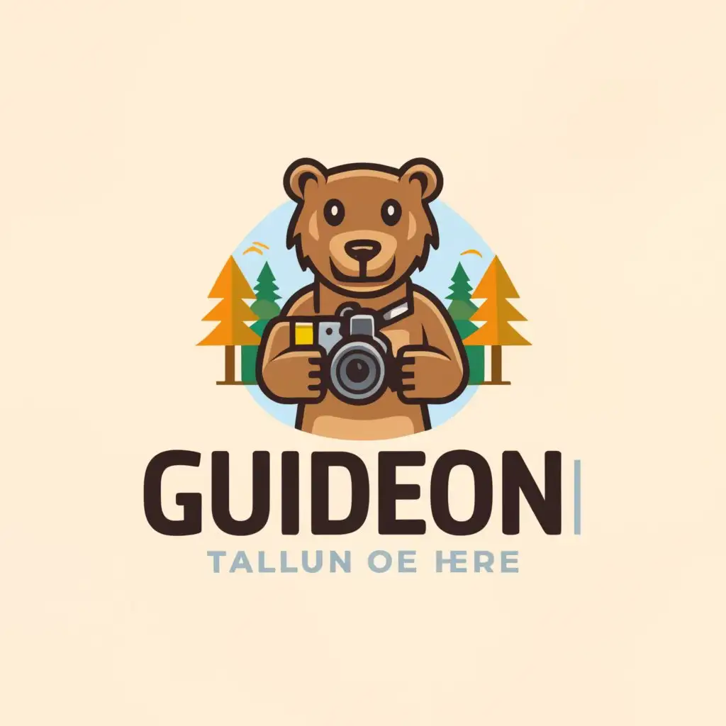 a logo design, with the text 'guideon', main symbol: a friendly looking bear using a camera, Moderate, be used in Travel industry, clear background