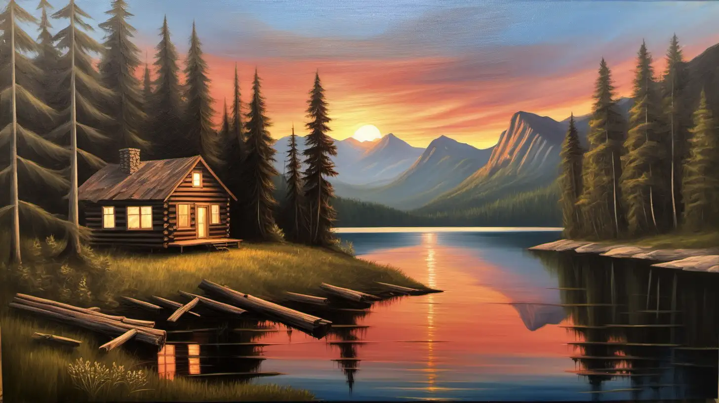 OIL PAINTING OF  OLD CABIN,  LAKE,    HEAVY WOODS,  , SUNSET, NO CLOUDS, WEEDS,     MOUNTAINS, FOREST, TREES