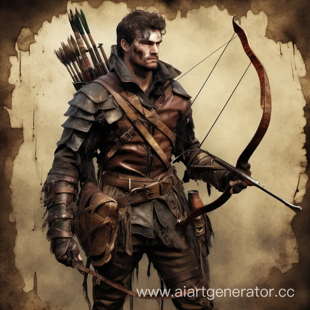 Охотник в проклепанной коженной броне и охотничьим луком в руках и мушкетом закрепленным на спине.