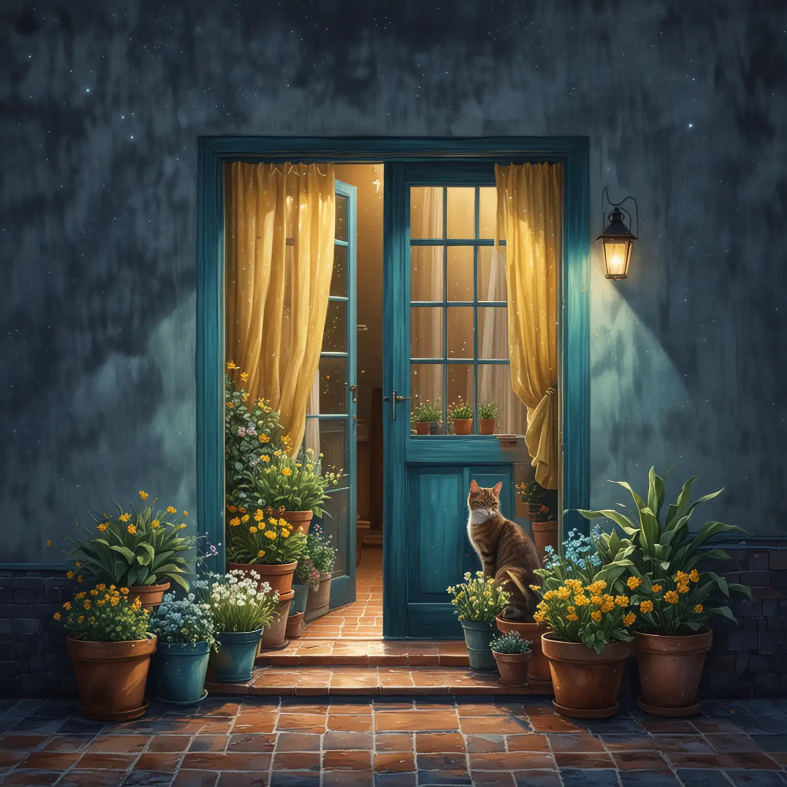 see from back a cat sitting by the opened door, pots of plants, pots of flowers, lantern hanging on the door, window with tile curtain, dark night sky with stars, palette colors of dark blue tosca, dark blue, green tosca,  gold yellow, 8k render, watercolor painting