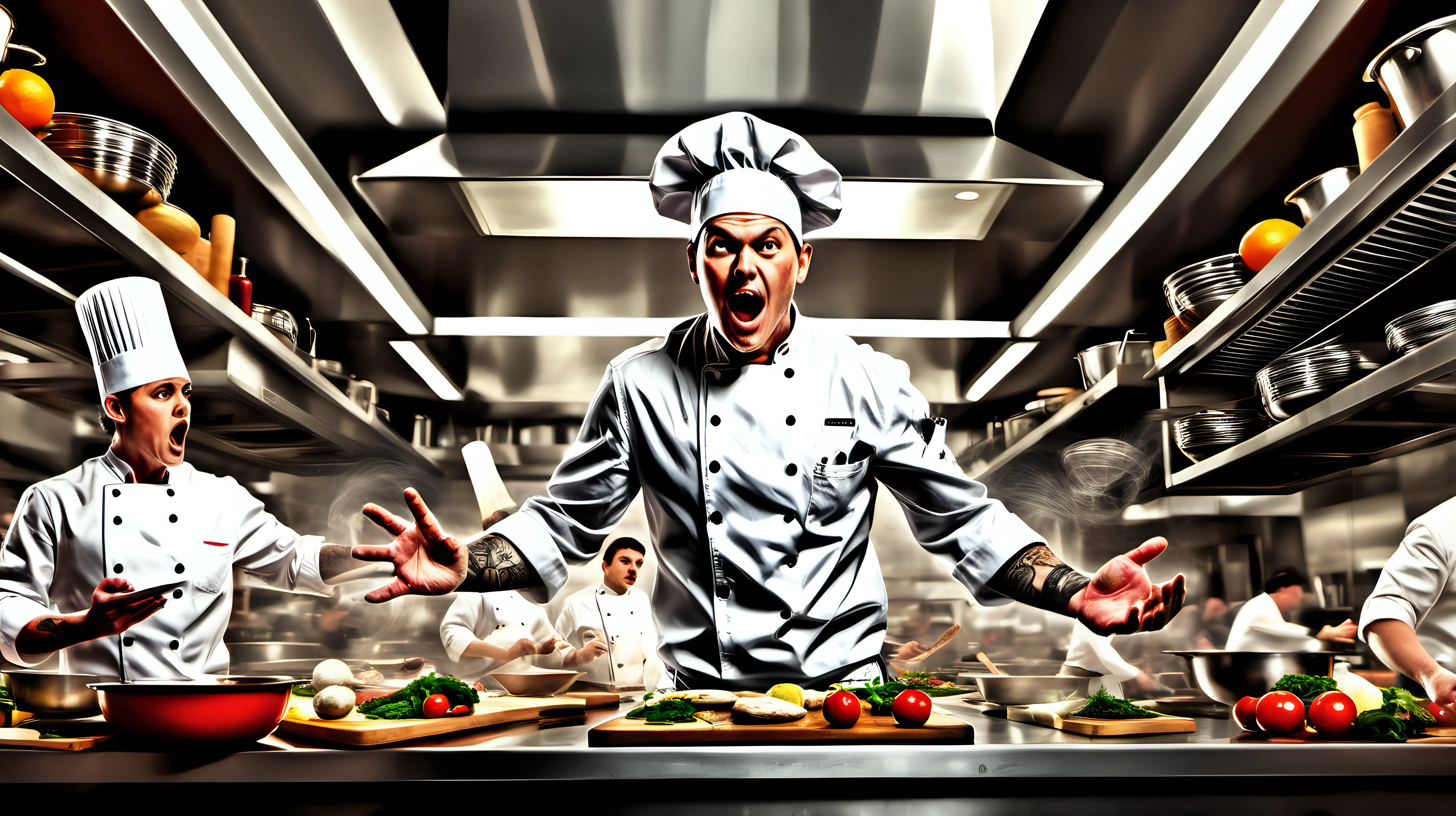 Illustrate a scene of a chef in a busy kitchen, juggling multiple tasks and surrounded by the hustle and bustle, showcasing the intensity and dedication required in the culinary profession.