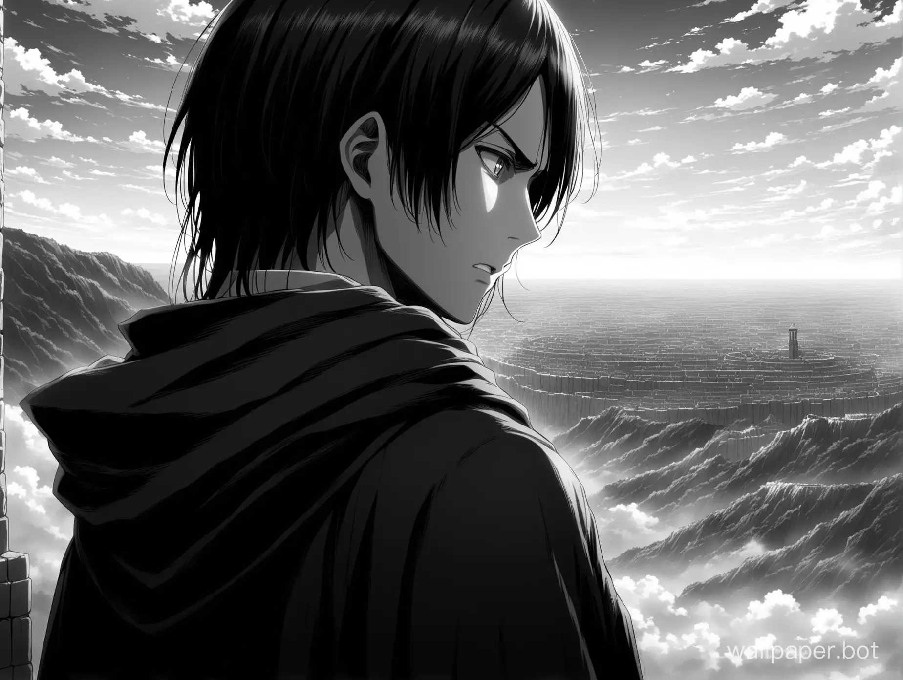 Attack on titan, black and white, Eren with long hair and black robe looking out in the distance while deep in thought