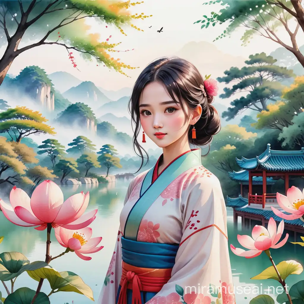 Chinese Style Watercolor Comic Outdoor Portrait of a Girl Among Trees and Flowers