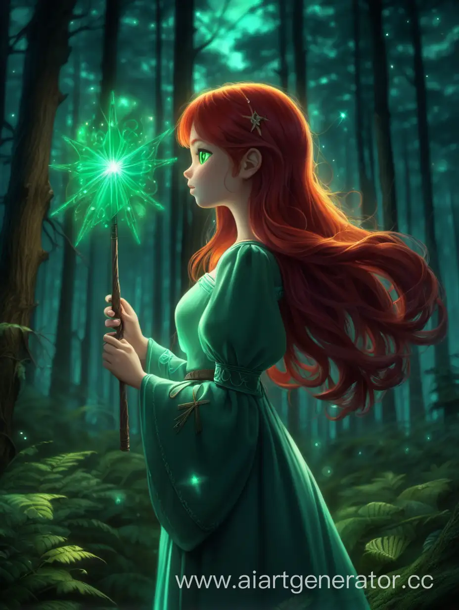 Enchanted-RedHaired-Girl-Holding-a-Glowing-Wand-in-Night-Forest