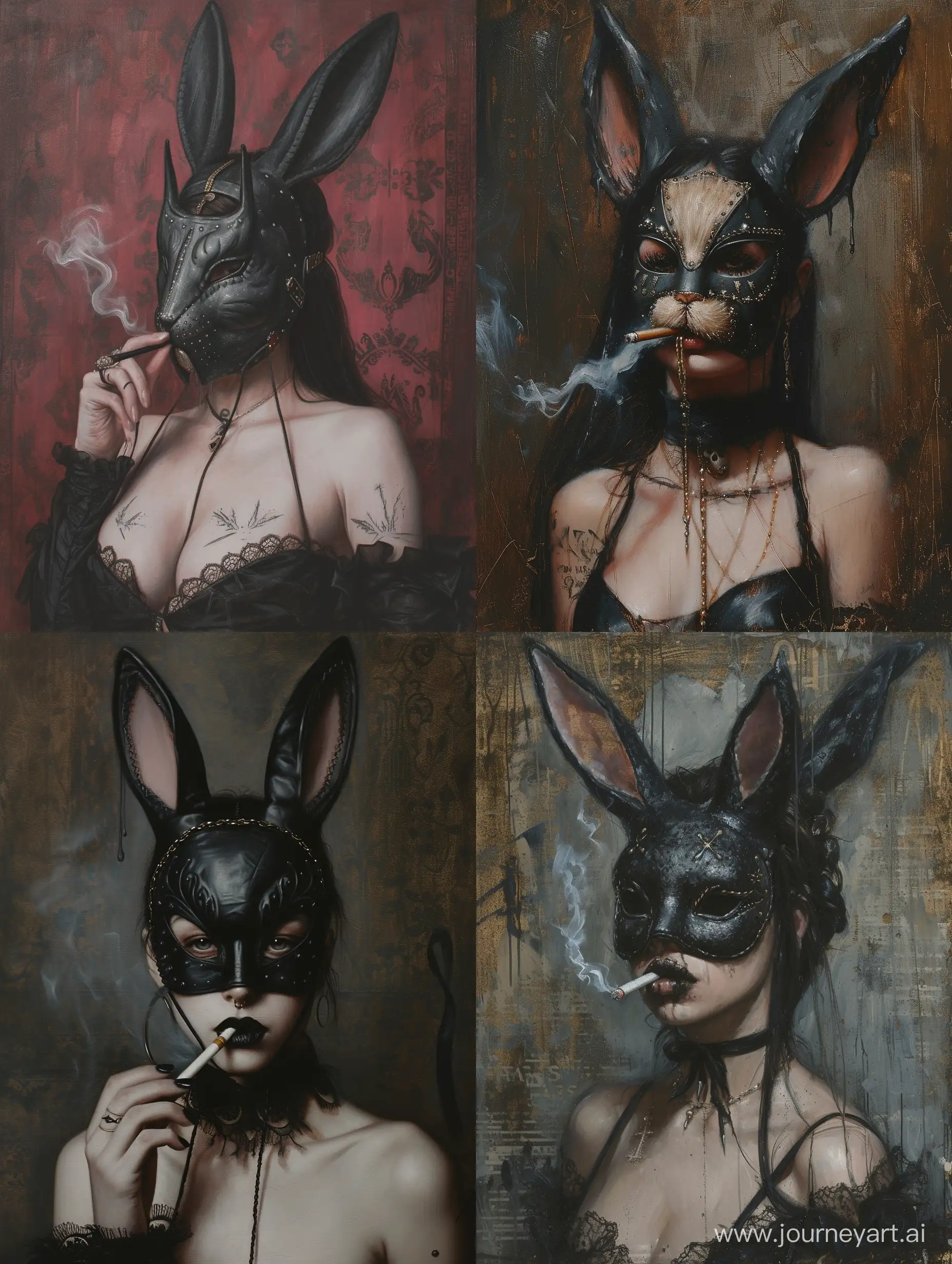 1700 painting of a goth woman smoking a cigaette wearing a fetish bunny mask