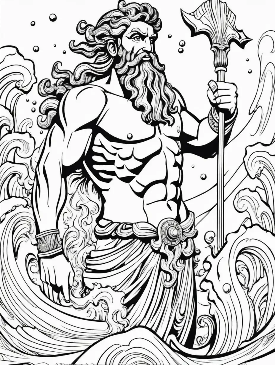 Poseidon God of the Sea in Monochrome Artistic Style Coloring Book